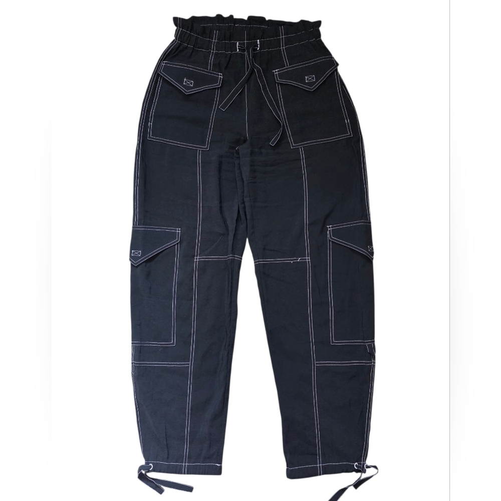 GANNI Wide Leg Cargo Pants Black with White Stitching Size 38 - Picture 3 of 11